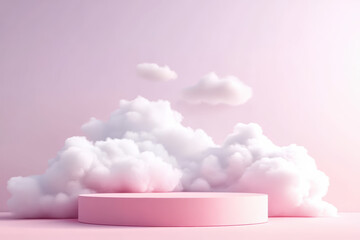Poster - Minimalist pink platform with fluffy clouds against a soft pastel backdrop, perfect for showcasing products or creative designs.