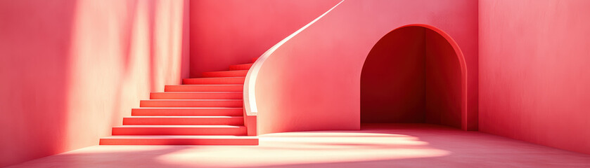 Poster - Minimalistic pink interior with curved stairway, archway, smooth walls, and soft lighting creating a serene and modern atmosphere.
