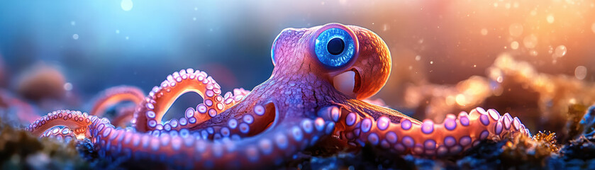 Colorful macro photograph of a small octopus with vibrant blue eyes and detailed tentacles, illuminated by soft ocean light.