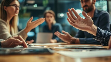 Wall Mural - Close-up of two business people having a discussion, with their hands and gestures in conversation at a meeting room with a blurred background office interior. This business concept suggests the idea 