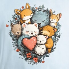 Sticker - Cute animals hugging with a heart, surrounded by flowers.