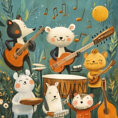 Poster - Cute animals playing music together in a vibrant forest setting.