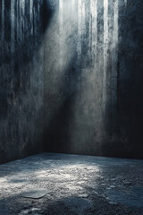 Poster - A mysterious, dimly lit concrete room with light streaming down, casting dramatic shadows. The textured walls and floor create an eerie, atmospheric mood.