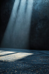 Poster - Moody spotlight casts vibrant beams in dark room, illuminating textured surface and creating dramatic atmosphere with contrast light and shadow.