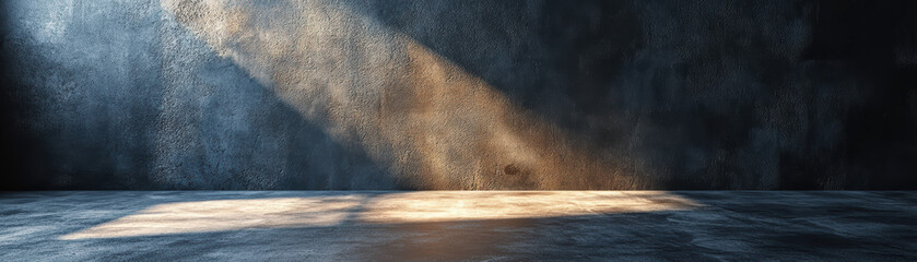Poster - Sunlight streaming through a window, illuminating a concrete floor against a textured dark wall background, creating a dramatic and captivating atmosphere.
