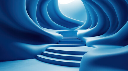 Poster - Futuristic blue architecture with smooth curves and a winding staircase, creating a serene and modern abstract interior space.