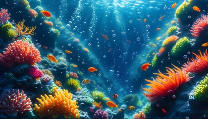 Lively underwater paradise showcasing vibrant coral reefs, a variety of fish, bubbling waters, and lush aquatic plants