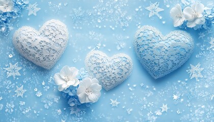 Sticker - Decorative hearts and flowers on a blue background for celebration.