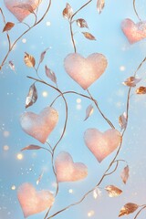 Poster - Decorative hearts entwined with leaves against a blue background.