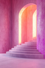Poster - A vibrant, modern interior with a spiral staircase and arched doorway in bold pinks and purples, illuminated by warm natural light.