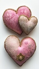 Wall Mural - Decorative heart-shaped cushions in soft pink and gold tones.