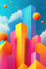 Poster - Vibrant abstract cityscape with colorful skyscrapers and floating spheres under a starry sky, blending creativity and modernity in a surreal scene.