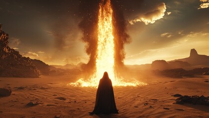 Wall Mural - A cinematic shot of a burning bush, with Moses standing in the desert facing away from the camera. A giant flame erupts from the bush, reaching up into the sky, with mountains in the background, creat