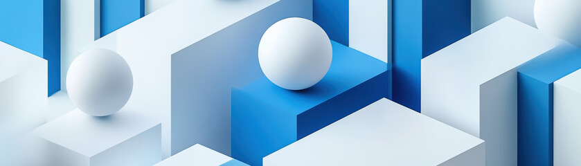 Poster - Abstract geometric composition with blue and white cubes and spheres. Minimalistic design showcasing modern, clean aesthetics and shapes.