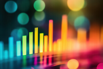 Poster - Colorful abstract representation of a bar chart with neon lights and a bokeh effect, symbolizing data analysis, business growth, and digital technology.