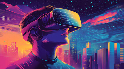 Futuristic illustration of a man using virtual reality spatial computer goggles vr glasses headset in his daily work activity tasks with 3d digital projection. Virtual Reality. Illustration