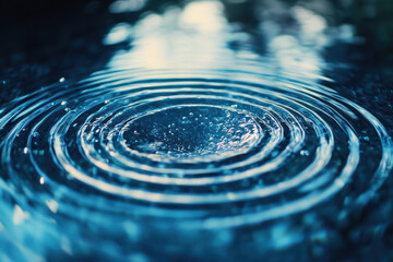 Poster - Close-up shot of concentric ripples in a calm blue water surface, reflecting light and creating a peaceful, serene visual effect.