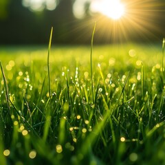 Canvas Print - Dew-covered grass illuminated by sunlight at dawn.