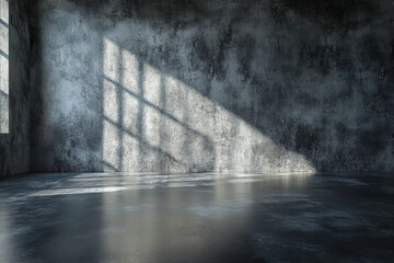 Poster - A sunlit empty concrete room with textured walls creates an atmosphere of minimalist elegance and industrial design, highlighting shadow and light interplay.