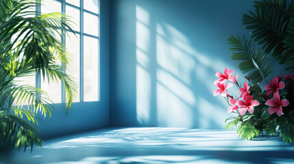 Poster - Sunlit room with tropical plants casting soft shadows on a blue wall, creating a serene and calming atmosphere filled with natural beauty.
