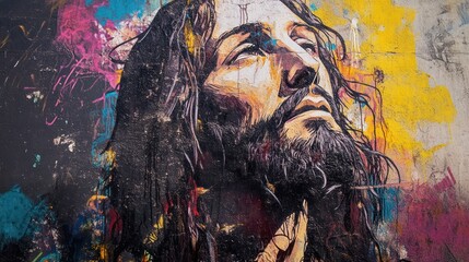 Wall Mural - Jesus Christ in street art illustration, blending religious themes with urban creativity, bringing His message into contemporary culture.