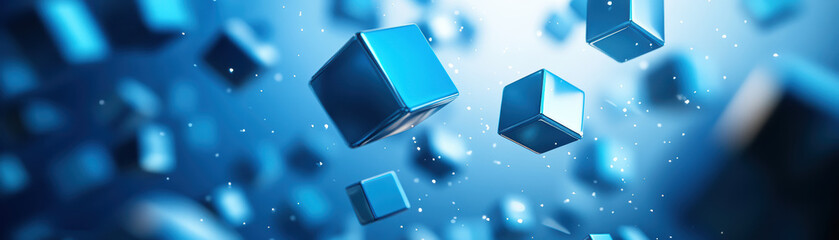 Poster - Abstract  cubes in blue tones floating against a gradient background with sparkling particles, creating a futuristic and dynamic visual effect.