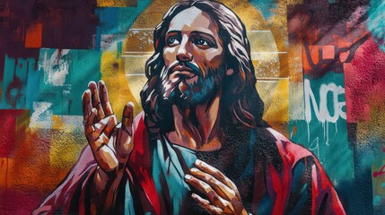 Wall Mural - Jesus Christ in street art illustration, blending religious themes with urban creativity, bringing His message into contemporary culture.