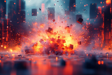 Poster - Explosive scene of erupting cubes in a fiery cityscape, showcasing dynamic energy and vibrant colors against a modern urban backdrop.