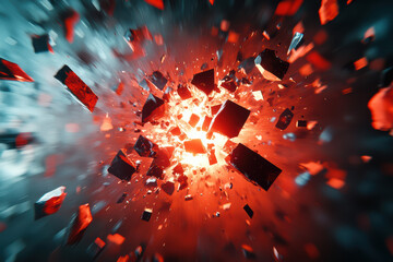 Poster - Dynamic explosion of red and black cubes in motion, with a vibrant light in the center, creating a stunning abstract visual effect.