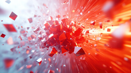 Poster - Dynamic explosion of red geometric shapes creating a vibrant abstract background with intense light rays for a futuristic visual effect.