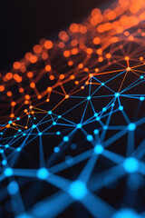 Poster - Abstract digital network with blue and orange nodes and connections against a dark background, representing technology and data communication.