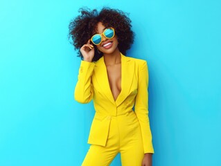 Sticker - Fashionable Female Model in Yellow Suit and Sunglasses