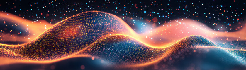 Poster - Vibrant abstract waves of light and color, creating a dynamic and futuristic scene with glowing particles and fluid motion.