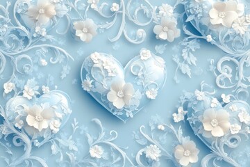 Wall Mural - Elegant blue floral design with heart shapes and intricate details.