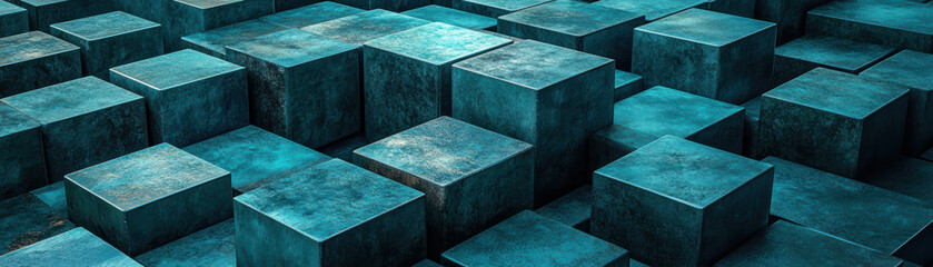 Poster - Abstract   of blue metallic cubes in a geometric grid pattern. Modern industrial design, minimalistic digital art, and high-tech textures.