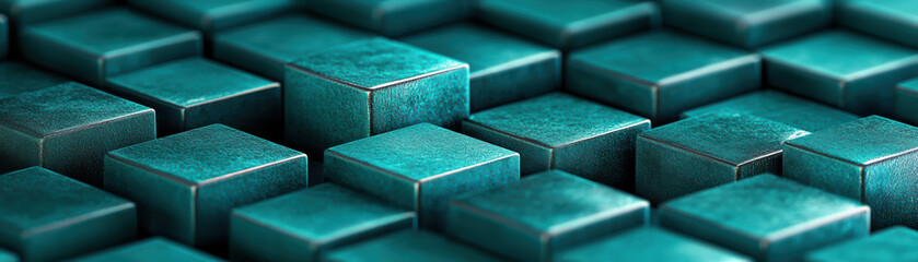 Poster - Close-up of teal metallic cubes forming a geometric pattern. Modern abstract background with depth and texture. Perfect for tech design elements.