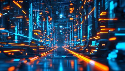 Futuristic digital network showcasing glowing blue and orange virtual reality elements in a dynamic technological environment