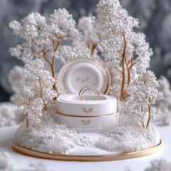 Wall Mural - Elegant white containers surrounded by delicate, textured trees.