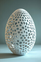 Poster - Futuristic white sculpture egg with intricate perforated design on smooth surface, casting shadows against a soft blue background.