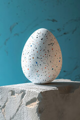 Poster - Elegant white speckled egg positioned on a textured stone surface with a serene blue background, showcasing a minimalist aesthetic.