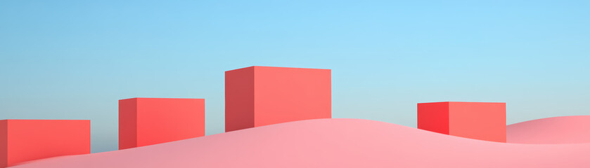 Poster - Abstract pink cubes on a wavy surface under a clear blue sky symbolize modern minimalistic design and creativity.