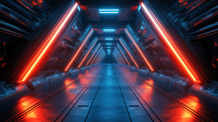 Poster - Futuristic neon-lit corridor with vibrant blue and red lights, evoking a sci-fi atmosphere in a sleek, modern tunnel environment.