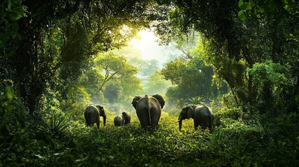 Canvas Print - Elephants walking through a lush, green forest at sunrise.