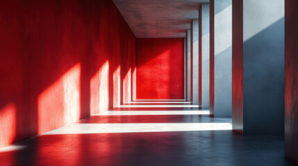 Poster - Dramatic shadows and bold red walls create a striking geometric composition in this modern architectural space, highlighting light and contrast.