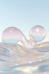 Poster - Abstract surreal scene of a reflective glass bubble formation floating above wavy liquid surface under clear sky, capturing light and transparency.
