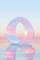 Poster - Futuristic transparent ring over serene water at sunset, reflecting pastel hues. Ethereal and tranquil scene embodying balance and harmony.