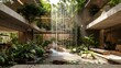 © Suthathip - Biophilic office building with indoor waterfall: A biophilic office building integrates nature into its design, featuring an indoor waterfall and abundant greenery, creating a serene and inspiring