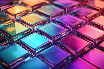 Poster - Vibrant, multicolored glass blocks arranged in a geometric pattern reflecting bright neon lights, creating a modern and futuristic abstract visual.