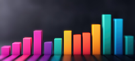 Poster - Colorful  bar chart representing data analysis and growth with vibrant colors on a dark background.