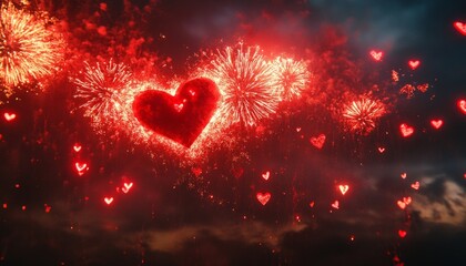 Wall Mural - Fireworks forming heart shapes against a dramatic sky.